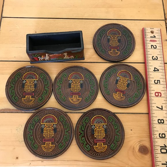 Peru Llama Village Tooled Leather Coasters Set of 6 with Holder Sun God Inti - Picture 2 of 5